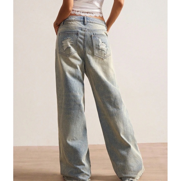 Boho Light Wash Floral Embroidered Distressed Straight leg Denim Jeans - Picture 5 of 6